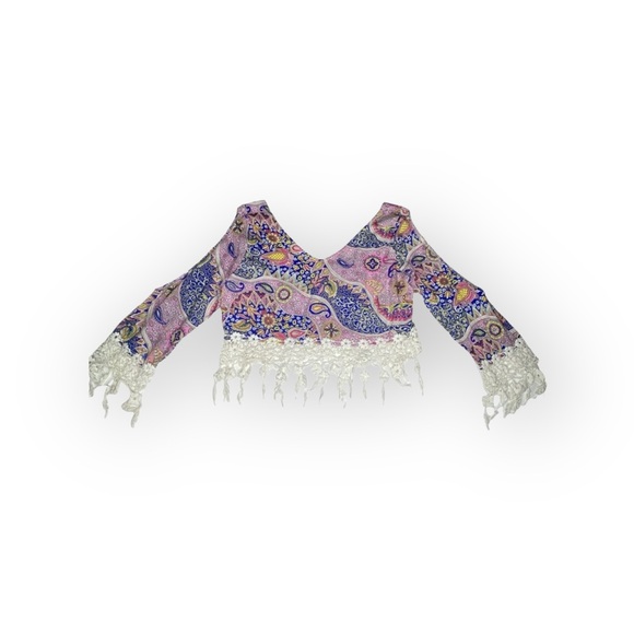 new Millau ꧁ Cold Shoulder Lace Fringe Festival Crop Top ꧁ Multicolor Print ꧂ XS - Picture 4 of 16